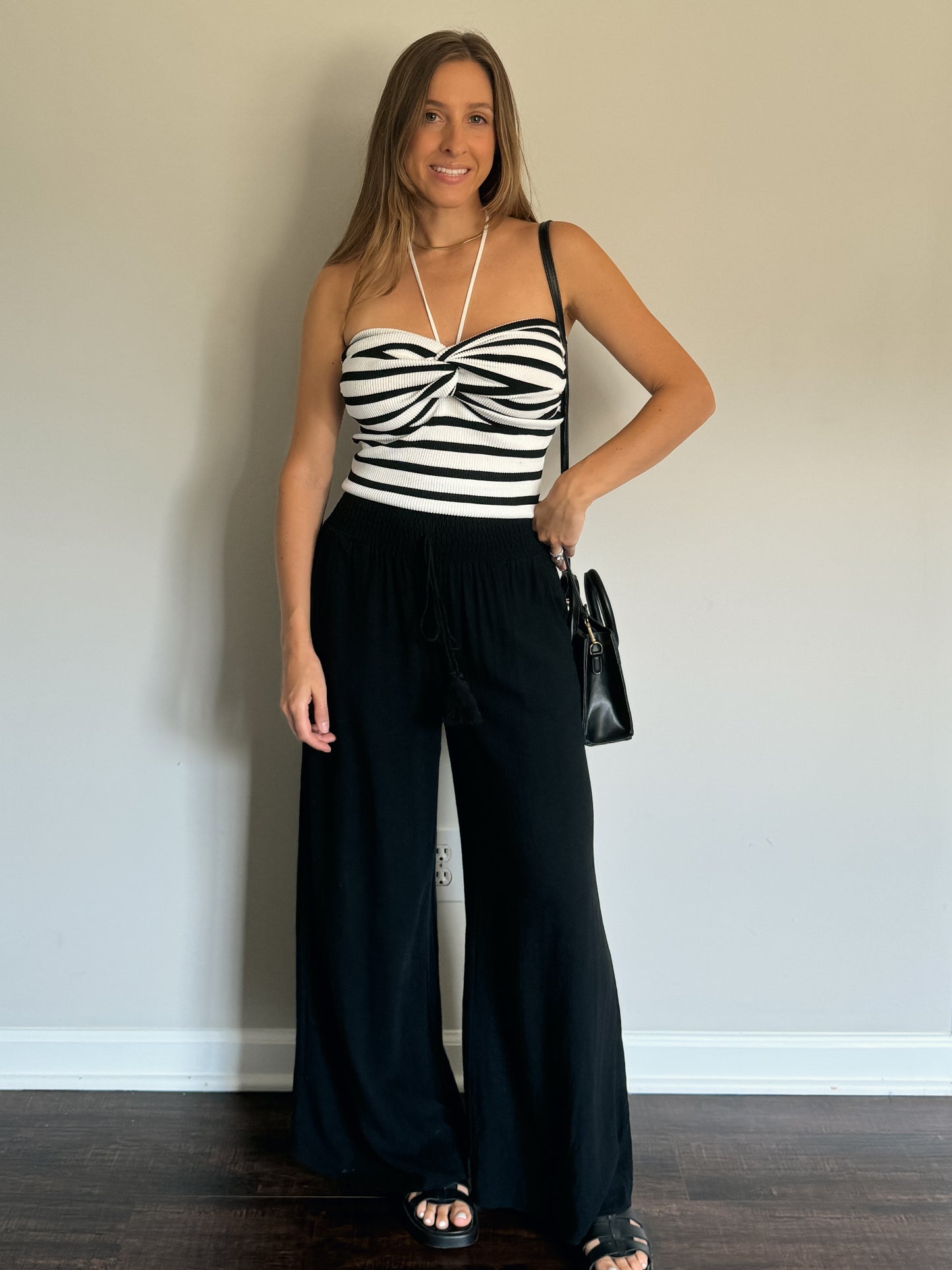 black linen pants and striped halter top