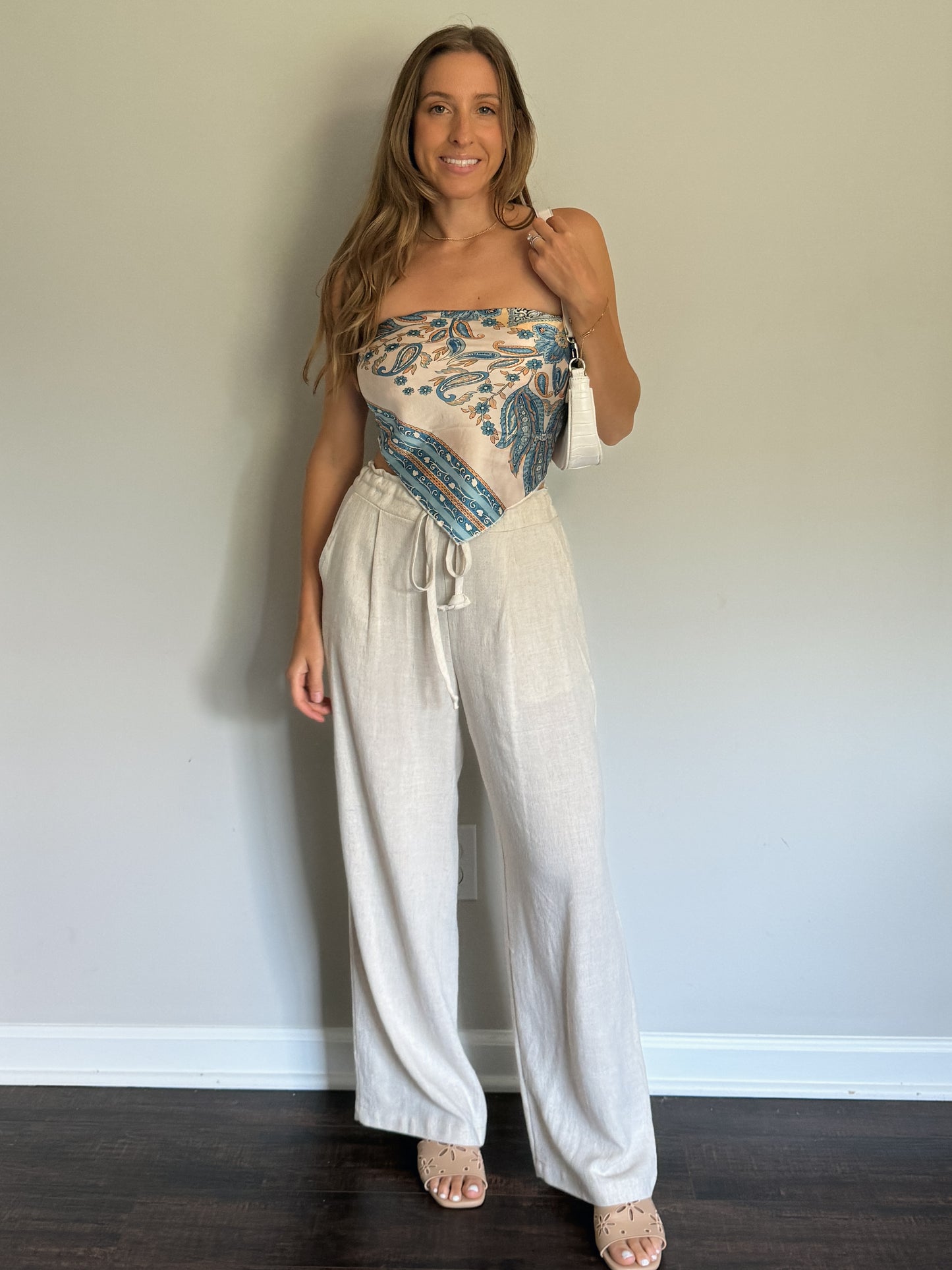 drawstring linen pants with paisley handkerchief top