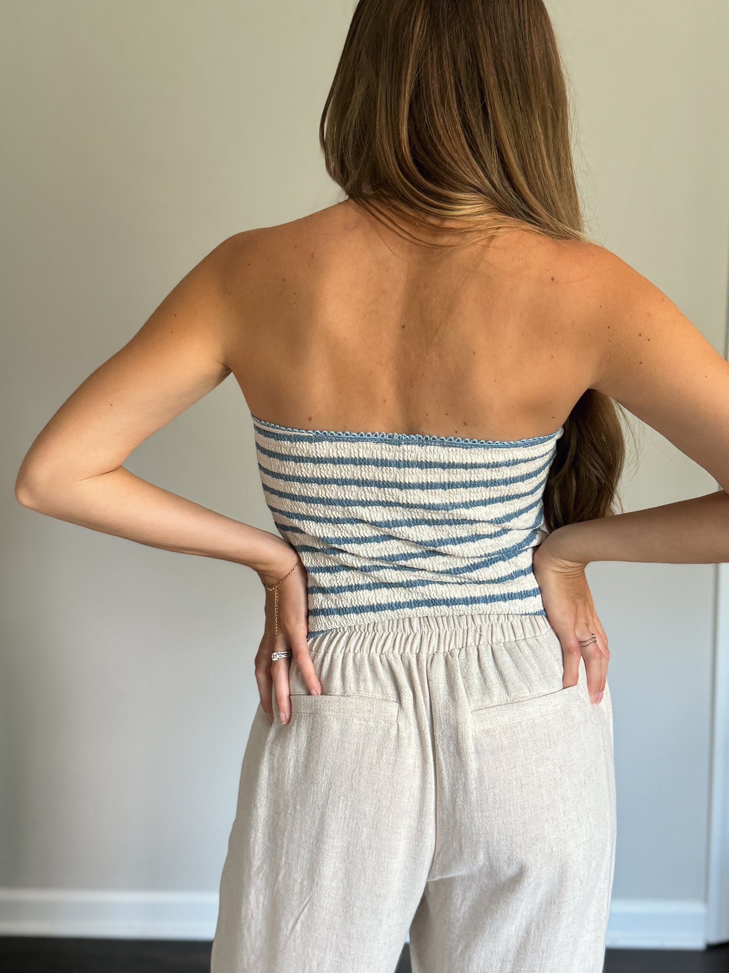 drawstring linen pants with striped strapless top