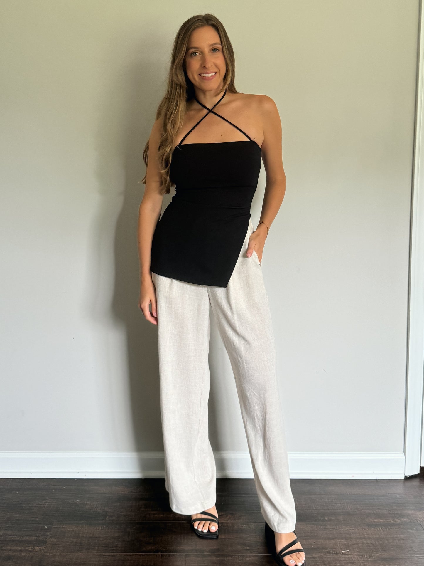 drawstring linen pants and black slit top