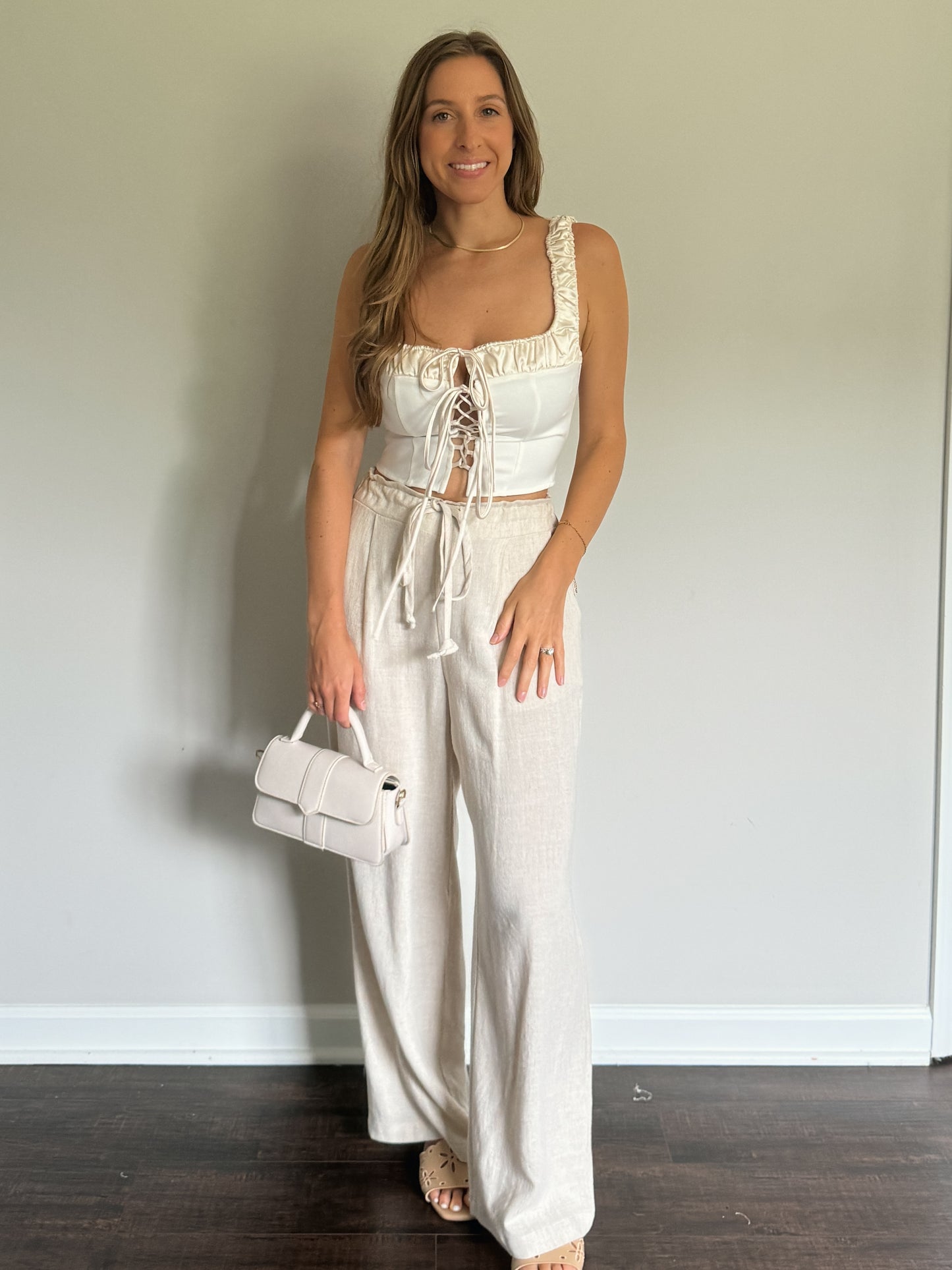 drawstring linen pants with white corset top
