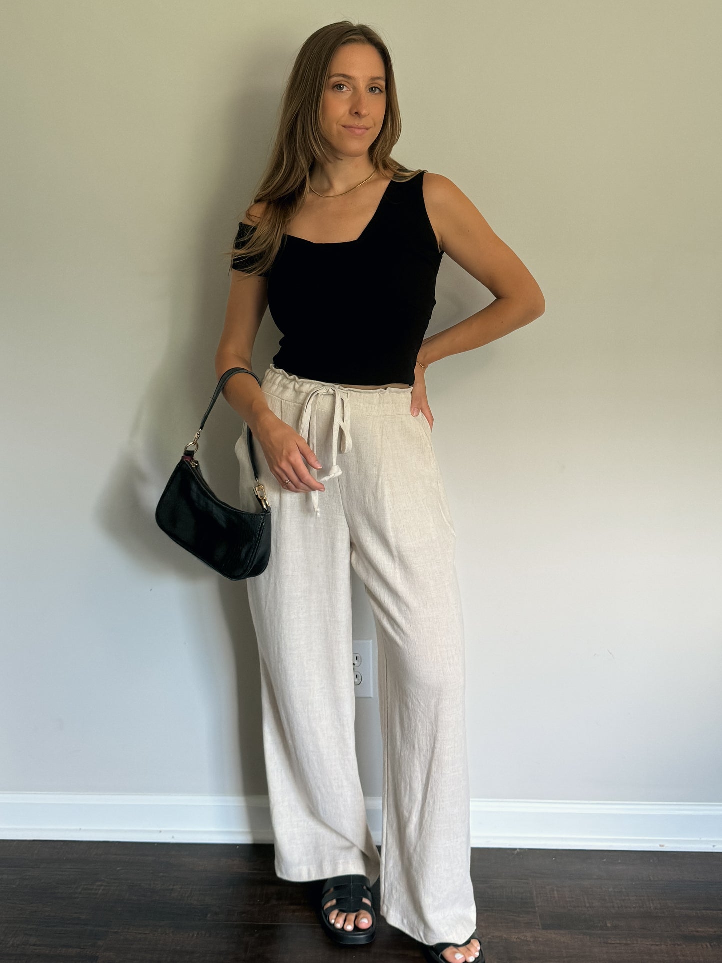 drawstring linen pants with black knit top
