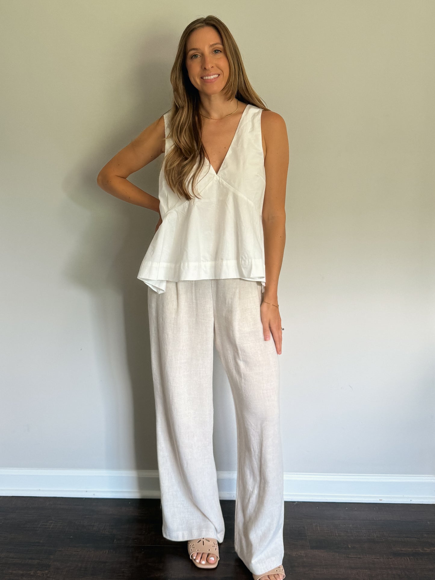 drawstring linen pants and white v-neck top