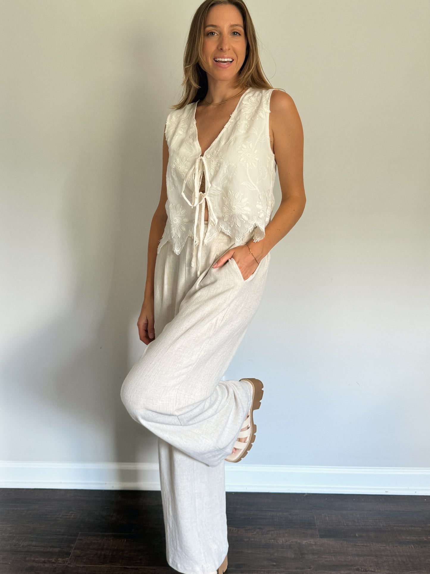 drawstring linen pants with white tie front top