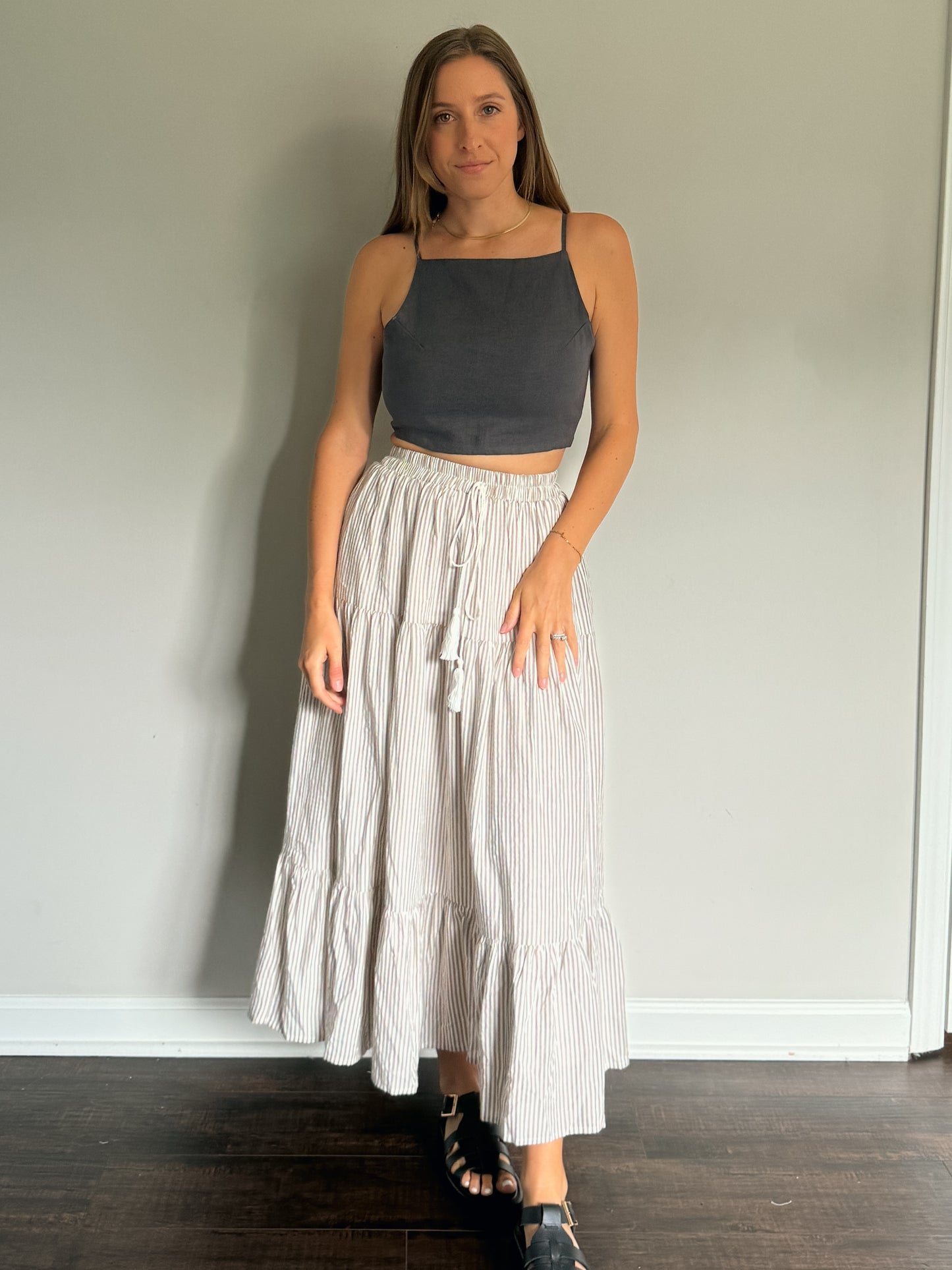 linen tied back gray top with striped maxi skirt