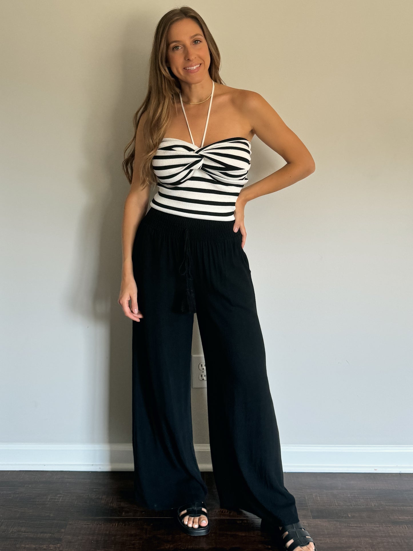 striped halter top with black linen pants