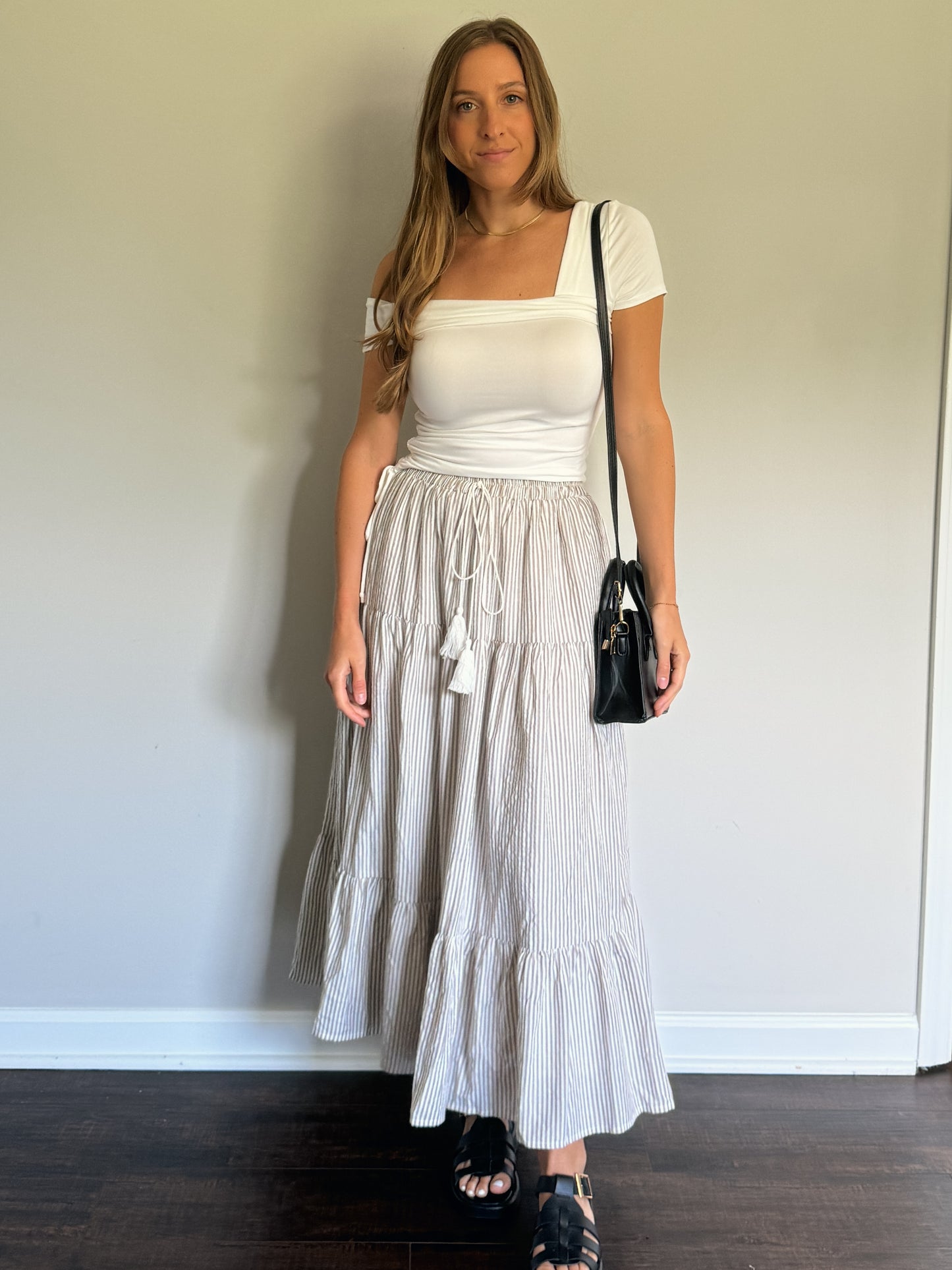 striped maxi skirt with white top